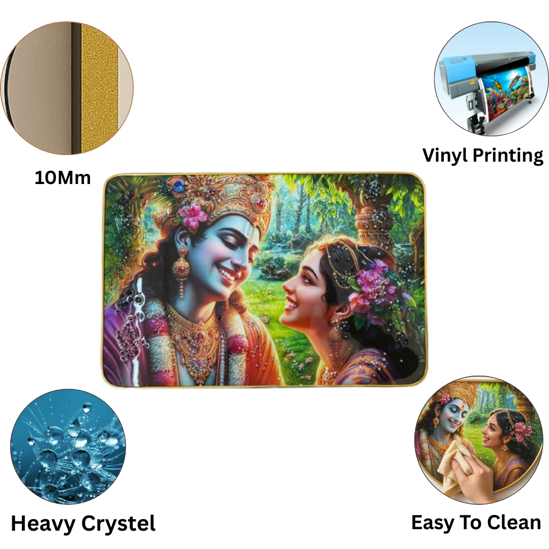 Shri Khatu Shyam Creation Radha Krishna Divine Wall Art | 12x18 Inch Gold-Trimmed Crystal Photo Frame | Traditional Hindu Spiritual Decor for Home & Temple | Wall Hanging Gift Frame