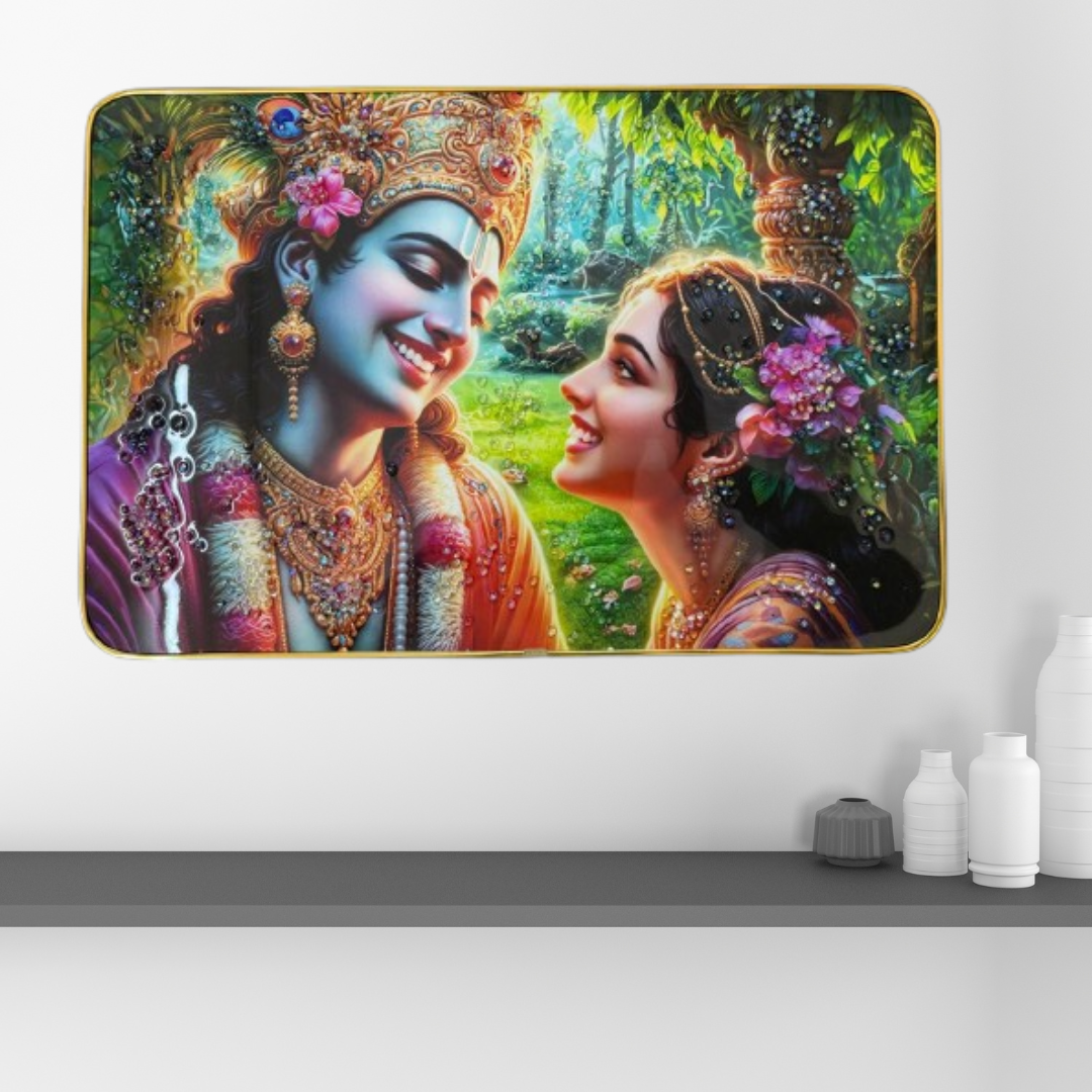 Shri Khatu Shyam Creation Radha Krishna Divine Wall Art | 12x18 Inch Gold-Trimmed Crystal Photo Frame | Traditional Hindu Spiritual Decor for Home & Temple | Wall Hanging Gift Frame