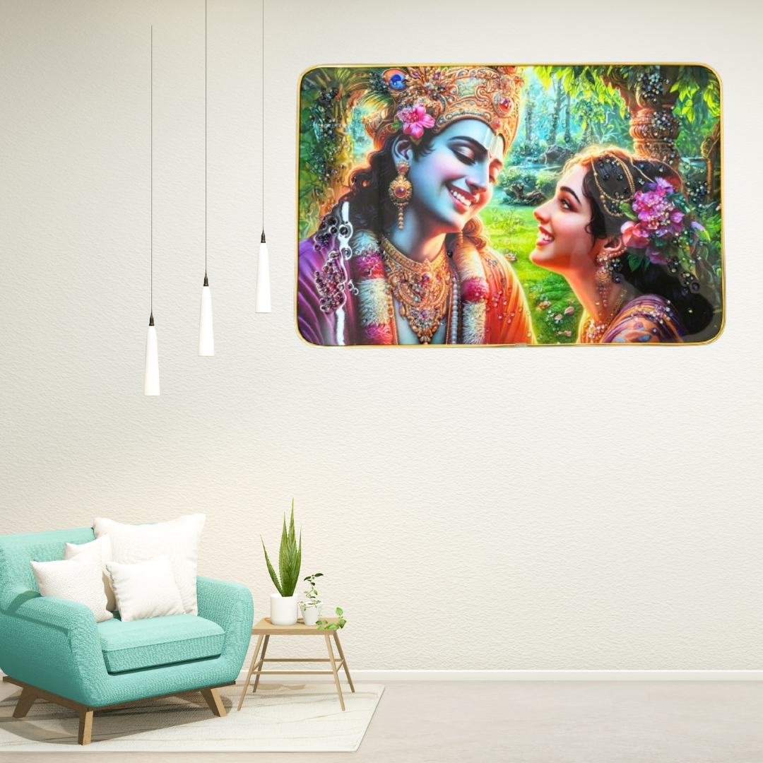 Shri Khatu Shyam Creation Radha Krishna Divine Wall Art | 12x18 Inch Gold-Trimmed Crystal Photo Frame | Traditional Hindu Spiritual Decor for Home & Temple | Wall Hanging Gift Frame