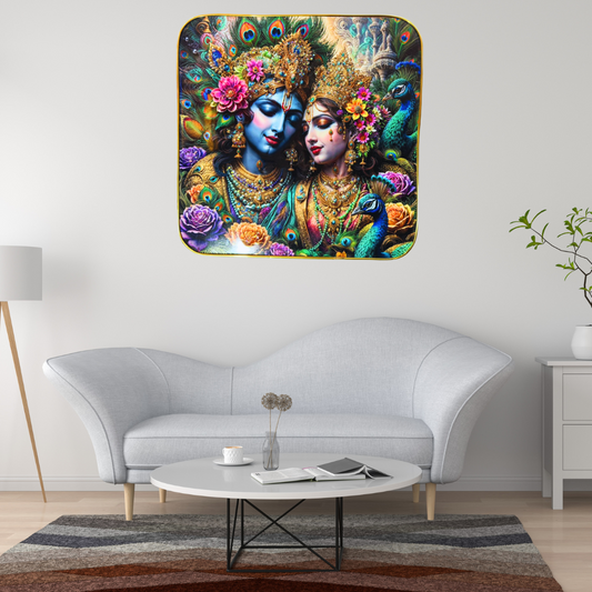 Shri Khatu Shyam Creation Radha Krishna Crystal Photo Frame 12x12 Inches | Hindu Spiritual Wall Art for Living Room | Divine Floral Portrait | Temple Décor Wall Hanging