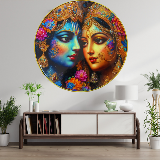 Shri Khatu Shyam Creation Round Crystal Photo Frame | Spiritual Indian Deities Wall Art | Colorful Floral Design with Gold Trim | Decorative Wall Hanging for Modern Home & Temple Decor