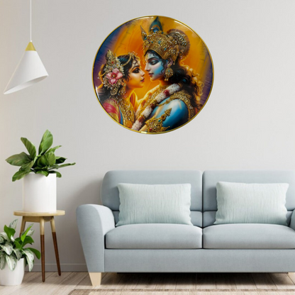 Shri Khatu Shyam Creation® Decorative Round Wall Art | Divine Couple Crystal Photo Frame | Gold-Trimmed Circular Hindu Spiritual Wall Decor for Home, Temple & Gift